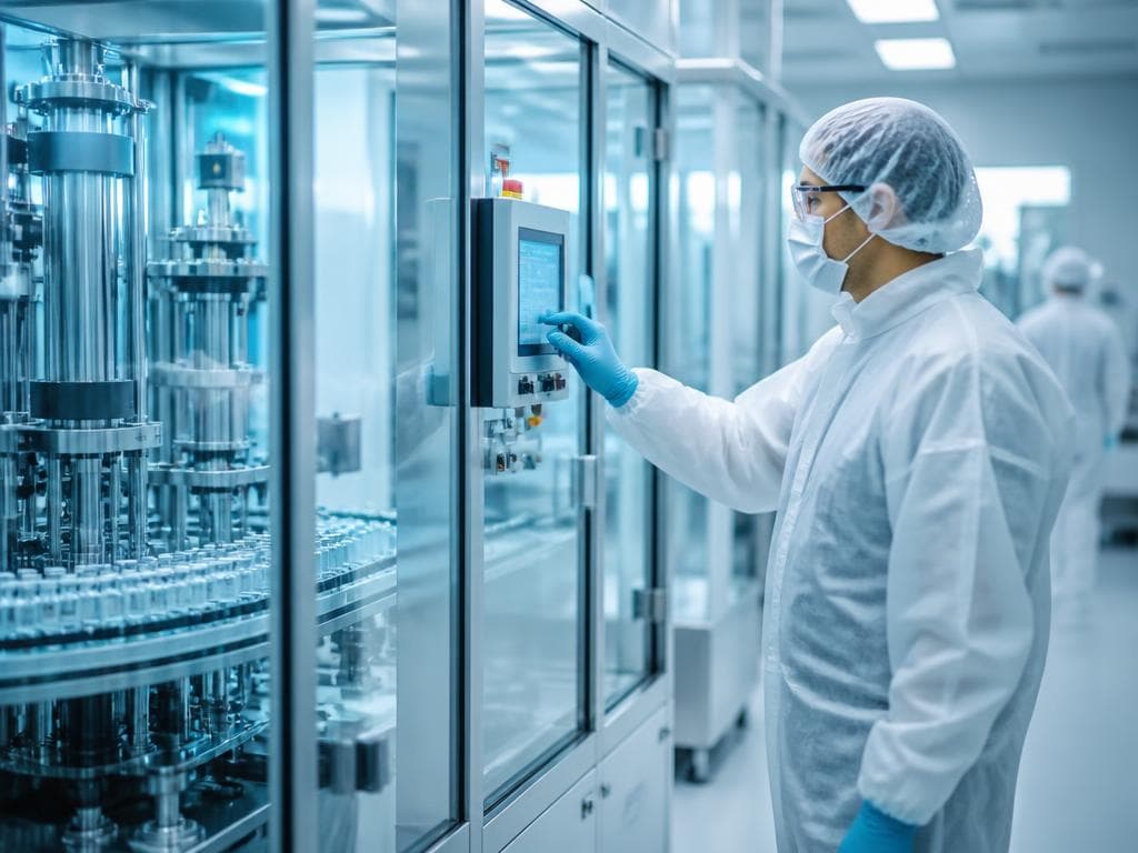 Technician in a pharmaceutical cleanroom monitoring automated production equipment