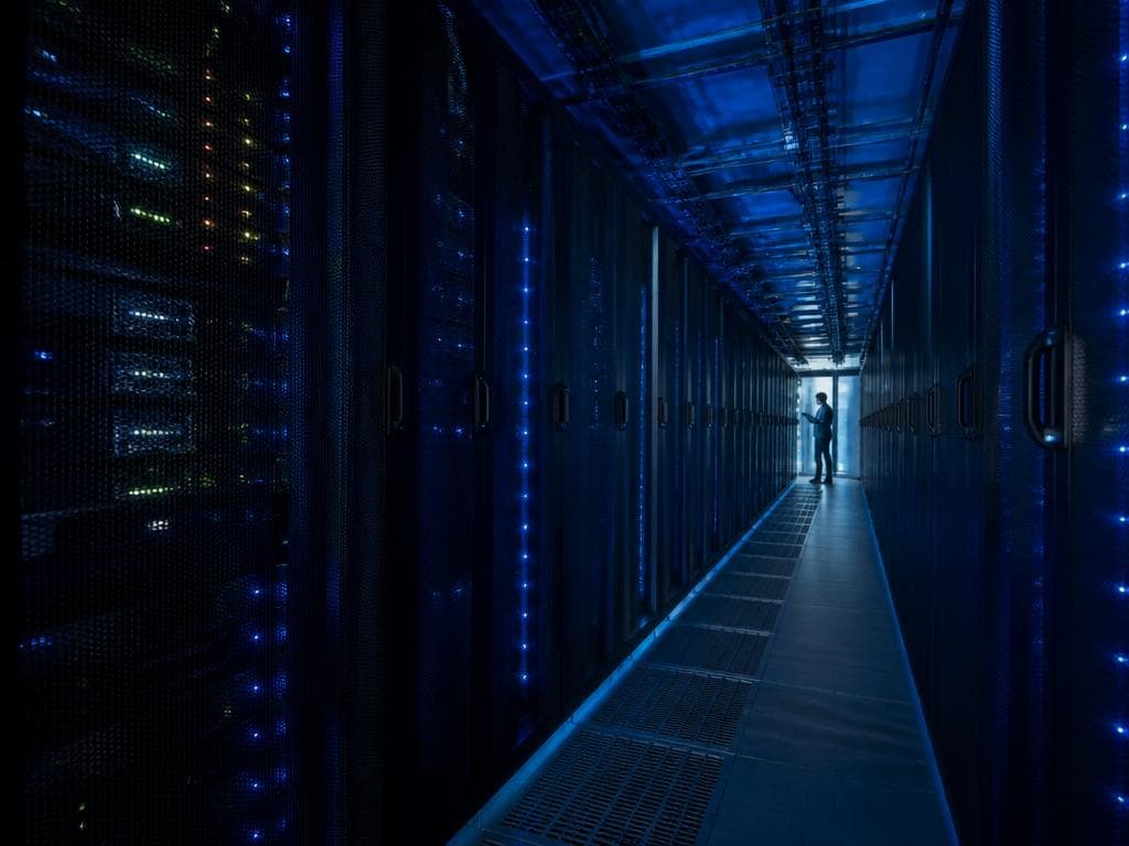 Technician walking through a data center corridor