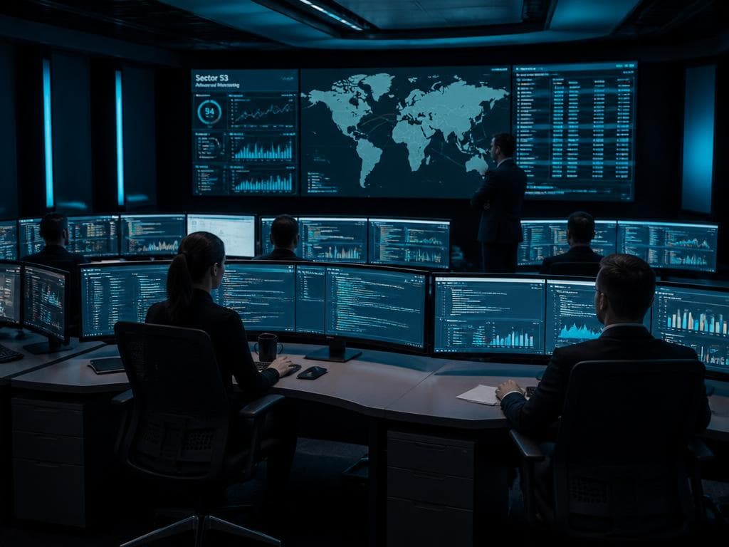 Team monitoring global operations on a command center display