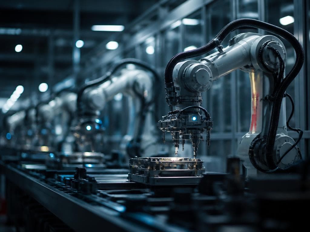 Close-up of an autonomous robotic arm on a manufacturing line
