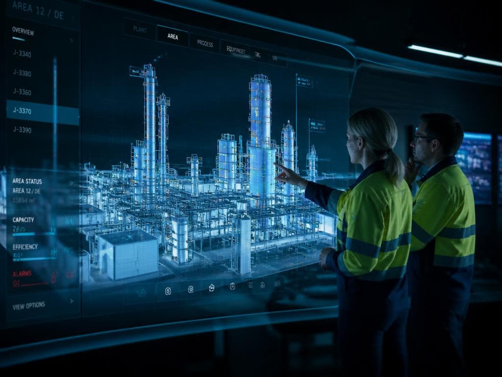 Engineers reviewing a digital twin visualization of an industrial plant
