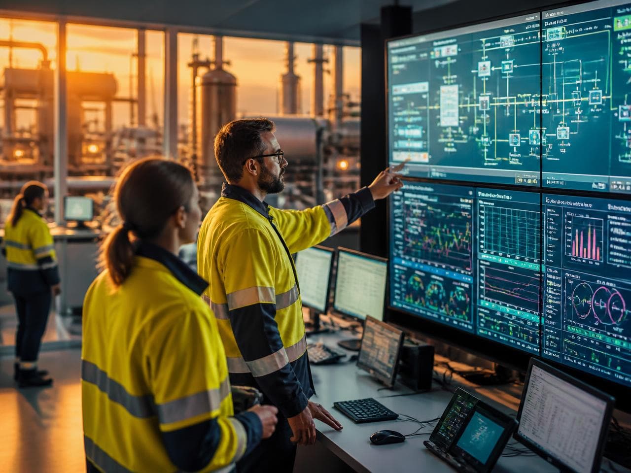 Operators monitoring a refinery control room at dusk