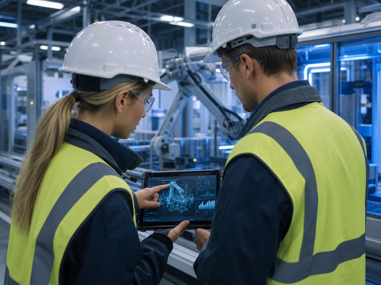 Engineers reviewing a digital twin of a robotic production line on a tablet